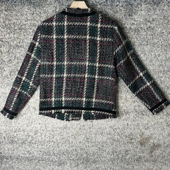 Anthropologie Jacket Womens Medium Gray Plaid Tweed Fringe Open Front Classic - Picture 7 of 7